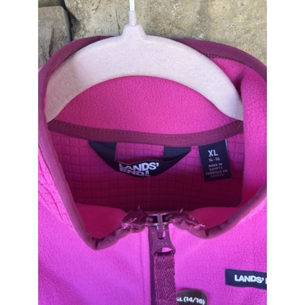 Lands' End Fleece Jacket Girls XL 14-16‎ Red Full Zip Waffle Grid Blue Trim - Picture 4 of 7